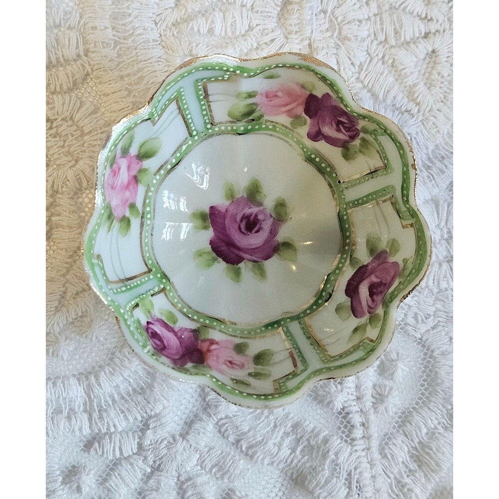 Antique Hand-Painted Floral Footed Bowl  Nippon-Style Mark Gold Trim 3"L x 2"W